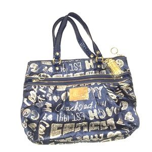 Rare Coach Navy & Gold Script Tote